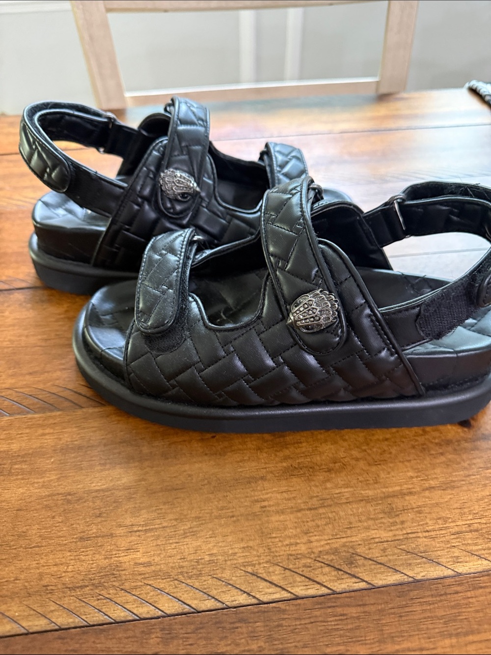 Kurt Geiger Black Quilted Women’s Velcro Sandals with Silver Eagle Accent